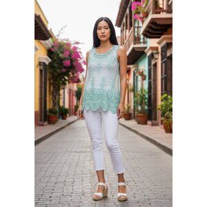 Cecico Women's Sheer Embroidered Turquoise Sleeveless Top